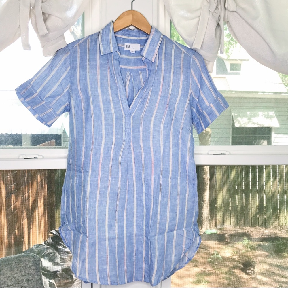 Gap 100% Linen Boyfriend Stripe Popover Blue Tunic Half Button